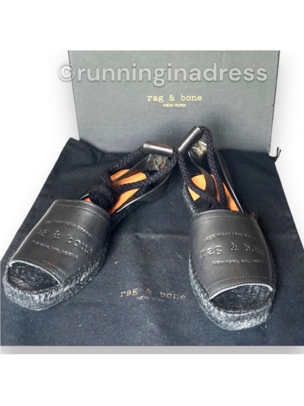 rag & bone Estelle Black Leather Espadrille Sandals Ankle Tie Wrap Flat 7.5 37.5 - Picture 4 of 15